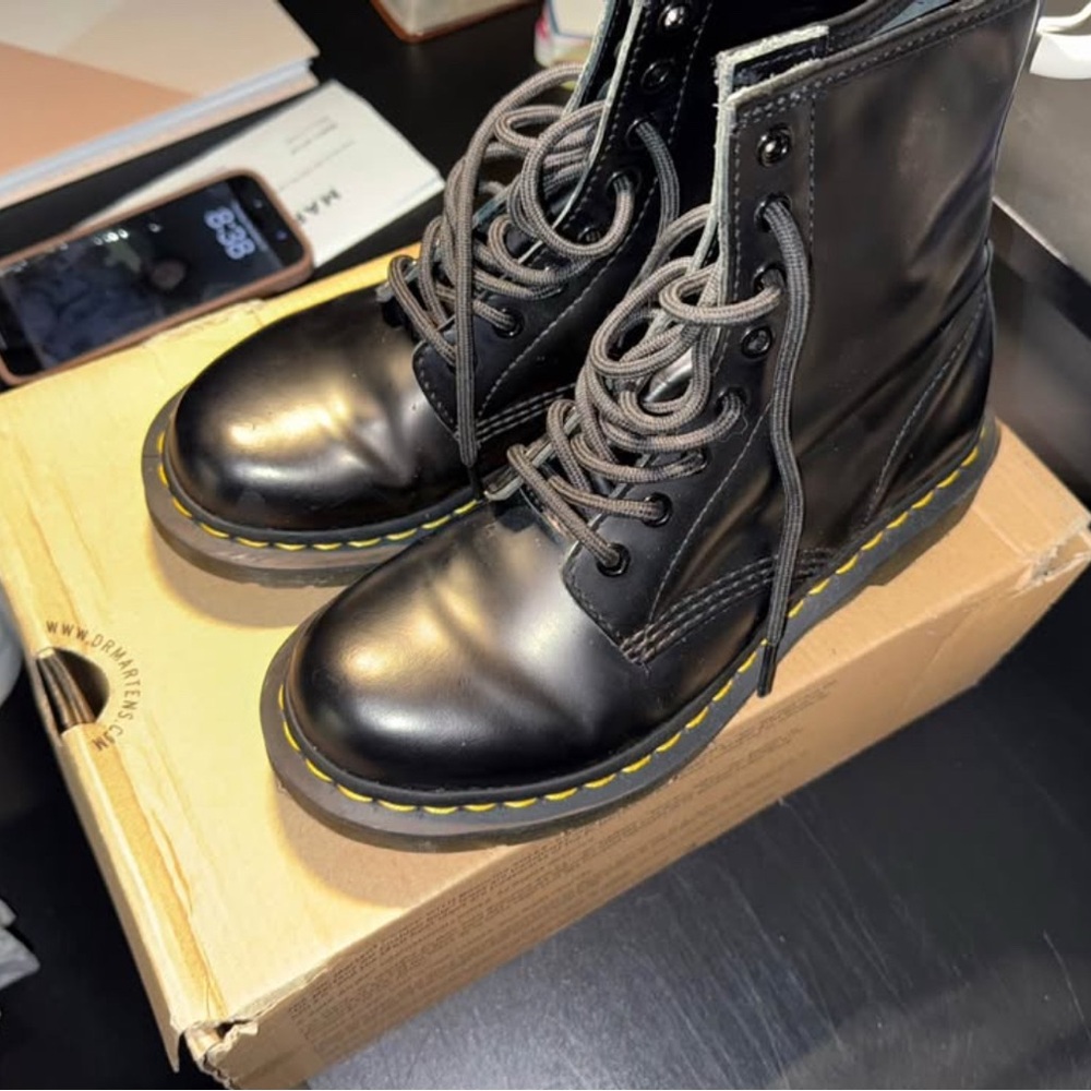 Dr. Martens Black Ankle Boots with Yellow Stitching